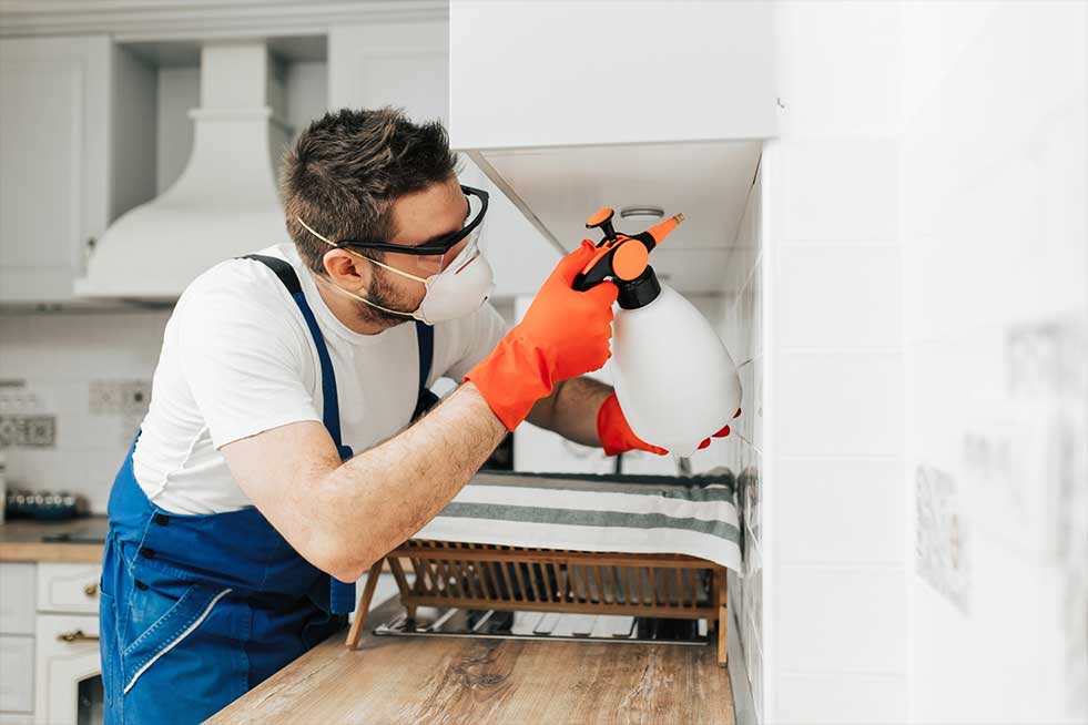 man-spraying-pesticide-under-kitchen-cabinets