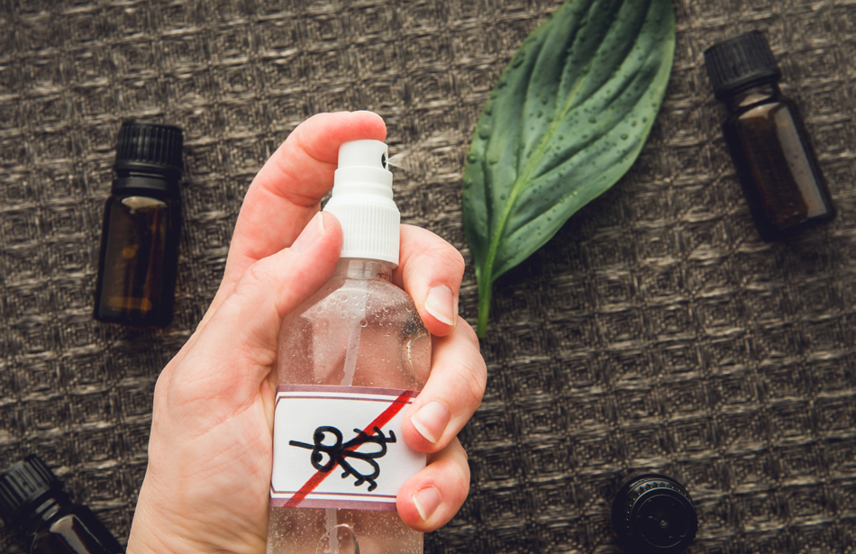 Woman hand holding and using homemade essential oil based mosquito repellent. Flat lay view of spray bottle surrounded by brown essential oil bottles against black background
